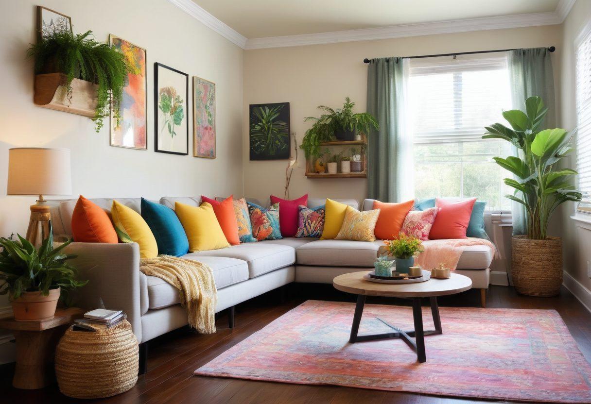 A cozy living room adorned with eclectic decor, featuring colorful cushions, whimsical wall art, and plants in every corner. Adjacent is a serene bedroom with soft lighting, showcasing a charming bedspread and decorative pillows. The transition between the two spaces highlights the warmth and inviting nature of home decor. super-realistic. vibrant colors. soft focus.