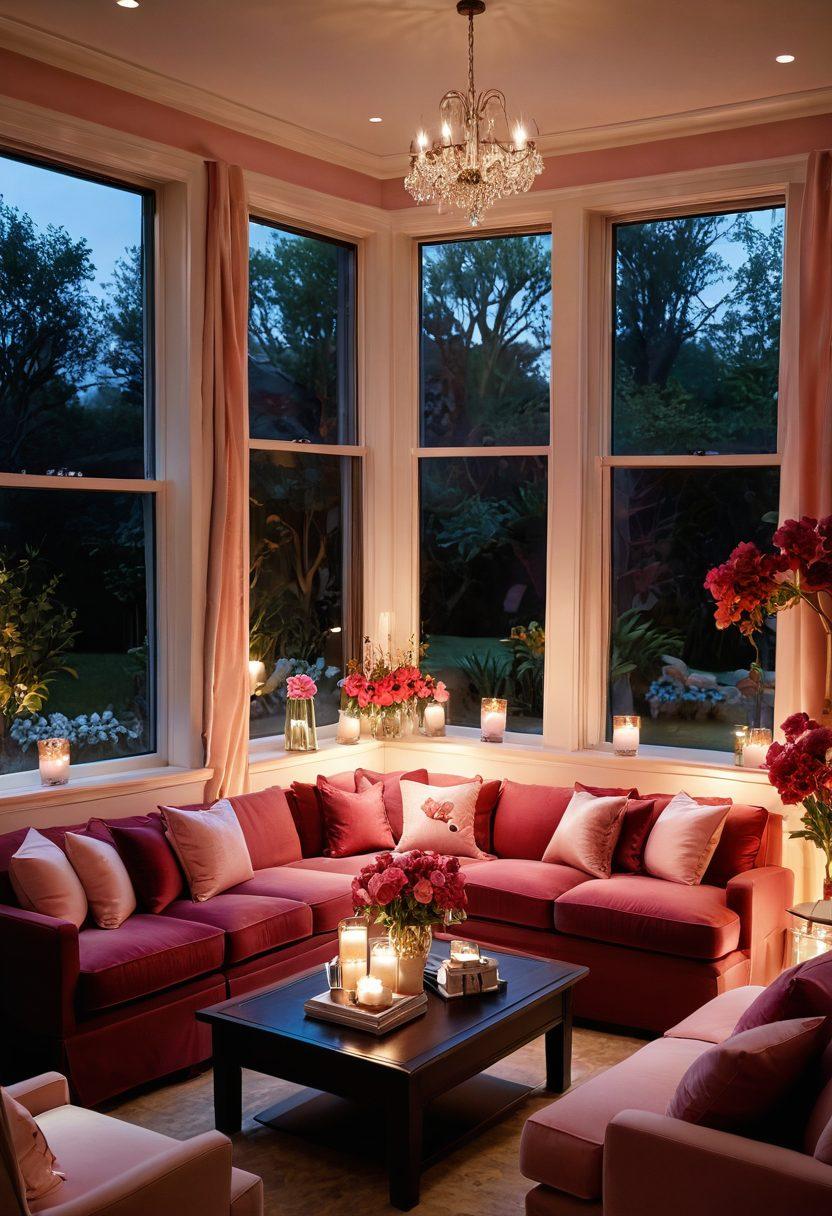 A cozy and inviting living room filled with plush, stylish furniture that exudes romance, surrounded by soft lighting, candles, and delicate floral arrangements. A warm color palette featuring deep reds and soft pinks sets the mood, while elegant decor pieces like heart-shaped cushions and charming wall art enhance the atmosphere. A window showing a serene garden view adds to the tranquil feel. super-realistic. vibrant colors. warm tones.