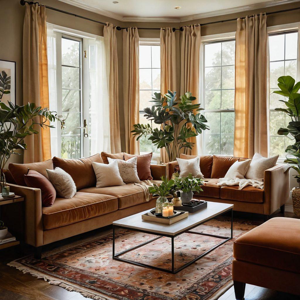 A cozy, romantic living room featuring stylish furniture options like a plush velvet sofa, elegant coffee table, and soft ambient lighting. Decorate with lush plants, delicate candles, and a warm color palette to create an inviting atmosphere. Include a window with sheer curtains allowing soft natural light to flow in. Artistic touches like artwork on the walls and a patterned rug can enhance the charm. super-realistic. warm tones. cozy vibe.